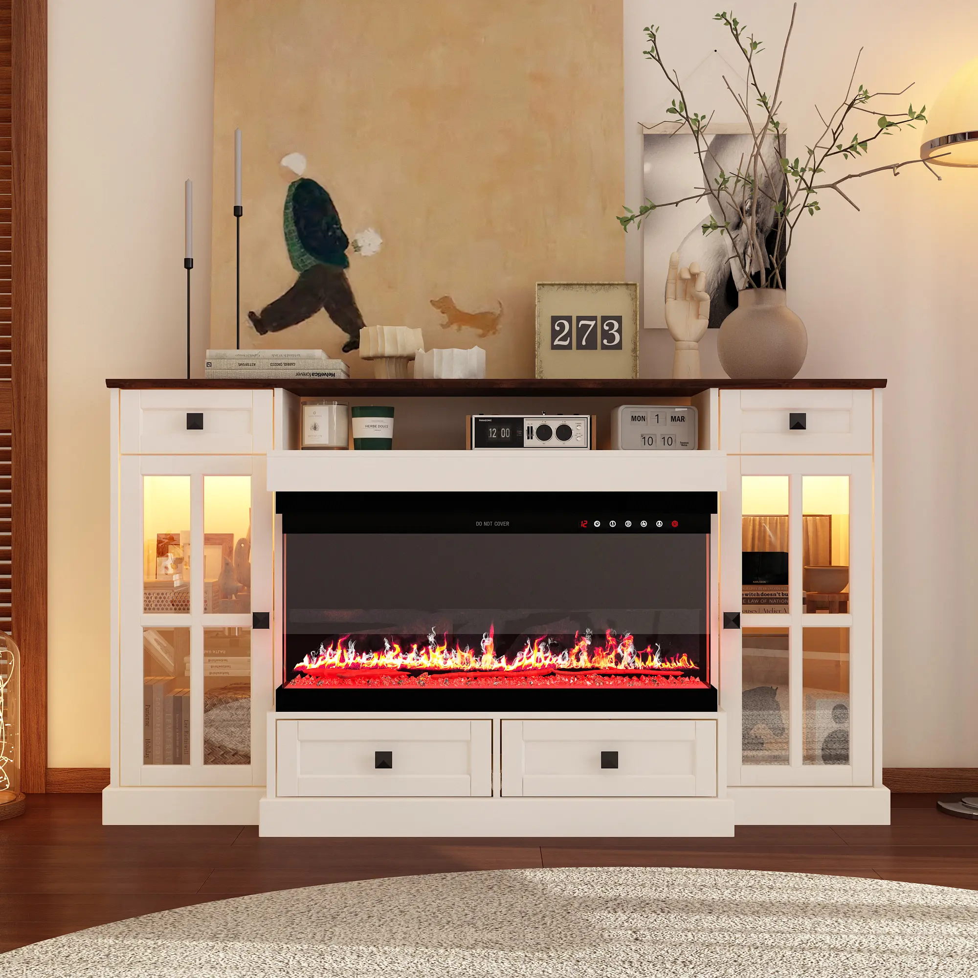 FUFU&GAGA 55'' Large Fireplace TV Stand with 30" Fireplace, Farmhouse Entertainment Center with LED Lights for TVs, Highboy TV Console Table with Glass Door for Living Room Wood Tv Stand