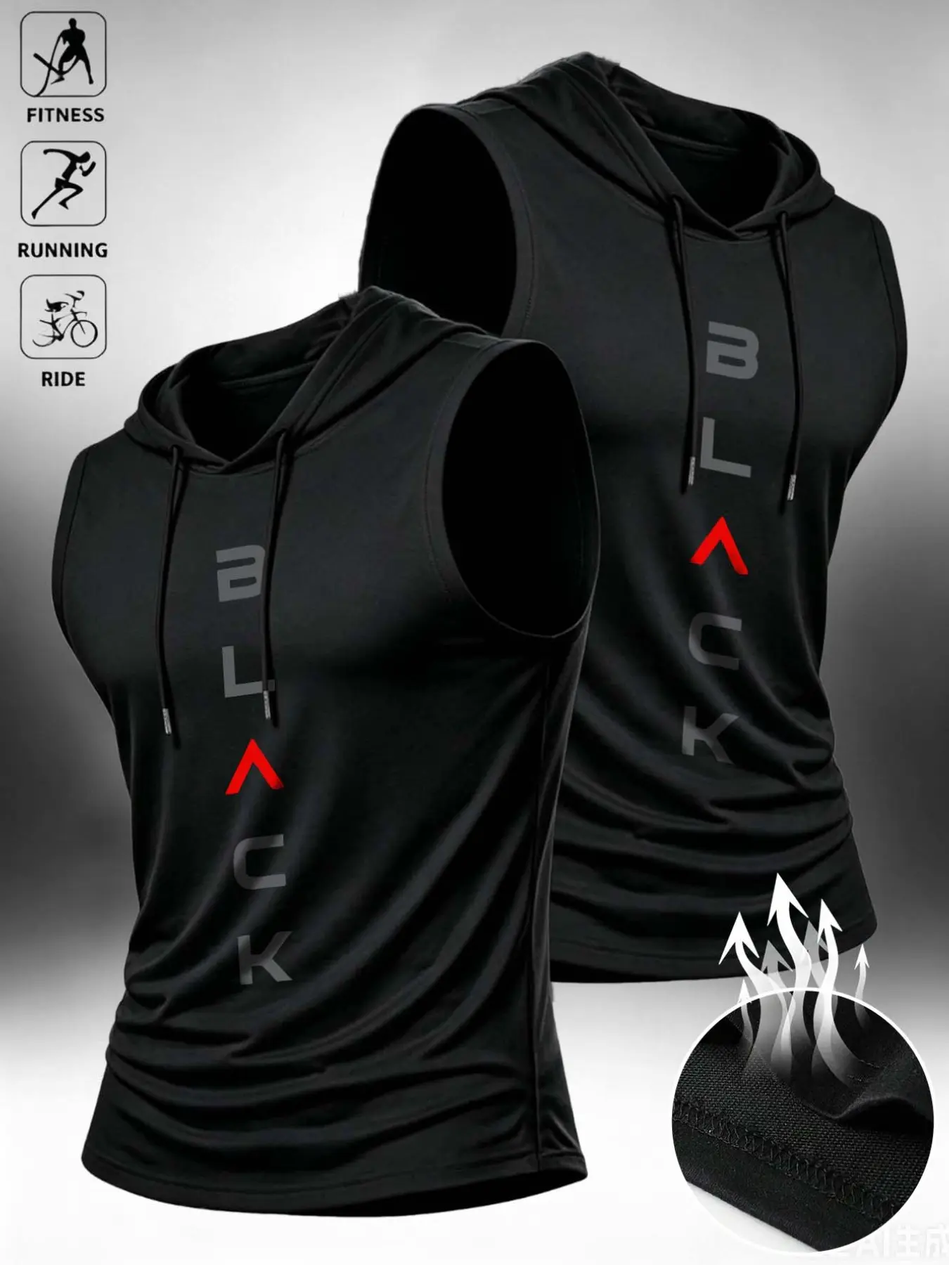 Men's Casual Sporty Drawstring Hooded Vest Set, Casual Athletic Style, Fitted Design, Letter Print, Comfortable Daily Wear, Multifunctional Fitness Essential, Casual Workout Tops