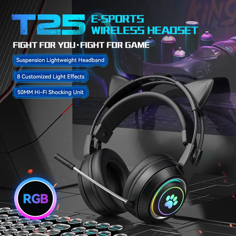 Cute Cat Ears Headphones RGB Lighting Bluetooth Headset with Detachable Mic, Wireless/Wired Headphones, 50mm Hi-Fi Stereo Sound, Comfort Suspension Headband, Low Latency, Professional Headphone With Mic For PS4 PS5 Xbox Computer PC Gaming Headset
