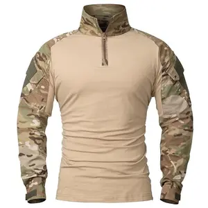 Men’s Outdoor Long-Sleeve Tactical Combat Shirt, 1/4‑Zip Ripstop Cotton, Wear‑Resistant Camouflage, Airsoft T‑Shirt