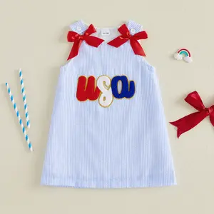 Baby Girl's 4th of July Dress USA Letter Embroidery Sleeveless Bow Detail A Line Independence Day Dress summervibes