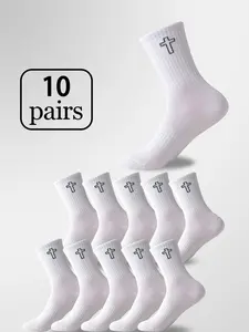 Cross Stitch Flower Pattern Mid-Calf Socks, Unisex Comfortable Breathable, 10 Pairs Set, Suitable for All Seasons