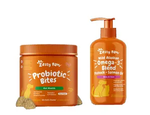 Zesty Paws Gut and Skin Duo Bundle - 16oz Salmon Oil + 90 Probiotic Bites - Boost digestion and skin health together with Wild Alaskan Salmon Oil and Probiotic Bites for your furry friend Canine Nutritional Supplement