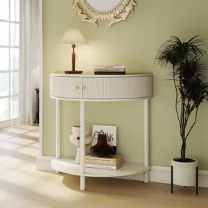 31.5*15.75*32.3 Inch Creamy White Demi-Lune Console Table, Handcrafted 3D Wave Pattern Entryway Table with 2 Drawers & Bottom Shelf, MDF Wood Solid Wood Legs Space Saving Accent Table Easy Assembly for Hallway Living Room Bedroom