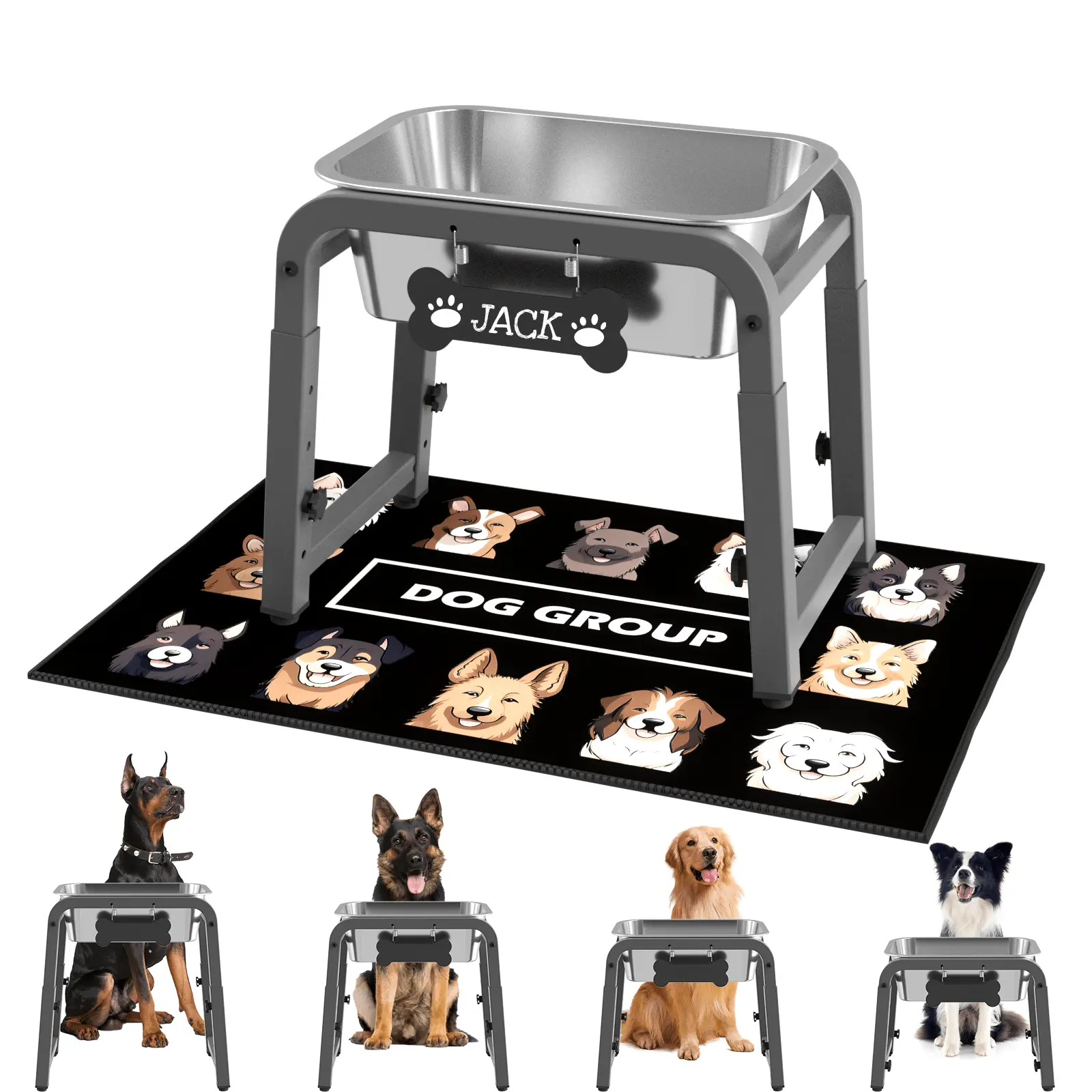 Dog Elevated Feeding Bowl Set - 4-Level Height-Adjustable Feeder with 1.2GAL Stainless Steel Bowl, Custom Dog Tag, and Splash Mat