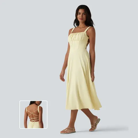 Halara Crisscross Backless Square Neck Sleeveless Ruched Built-in Bra Midi Resort Flowy Dress