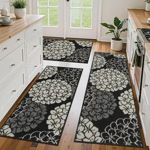 HEBE Washable Floral Kitchen Rug Sets of 3, Non Slip Kitchen Mats for Floor, Soft Machine Washable Kitchen Rug Runner, Farmhouse Kitchen Floor Carpet for Kitchen, Laundry