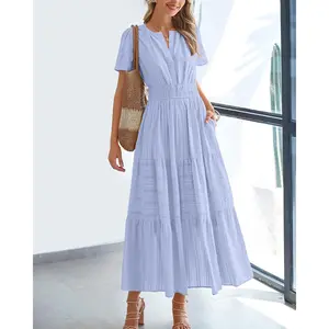 Womens Summer 2026 Casual Midi Maxi Dresses Lightweight Short Sleeve V Neck Elastic Waist Boho Beach Dress Pockets