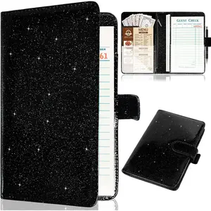 Server Book for Waitress,Leather Waiter Book Organizer with Zipper Pocket, Bling Waitress  Wallet and Pen Holder, Restaurant Waitstaff Organizer, Glitter Black