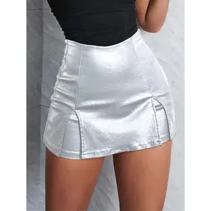 Women’s punk high-waisted PU leather mini skirt with an elastic pleated slit design, suitable for form-fitting short skirts at parties and events GARMENTARY