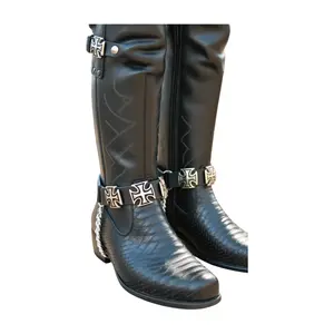 New Men Biker Western Style Boot Bracelets Faux Leather Pair Straps Silver Metal Chain Big Cross Shoe Charms (Black)