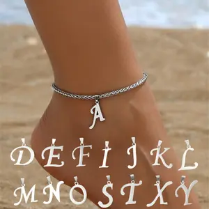 [Simple Initials Anklet] Stainless Steel 1pc Simple Initials Foot Ornaments |   26 Letter Keel Chain Anklet Female Fashion Name Initials Anklet Suitable for Mother's Day Valentine's Day Christmas Thanksgiving Birthday-FGH5SD