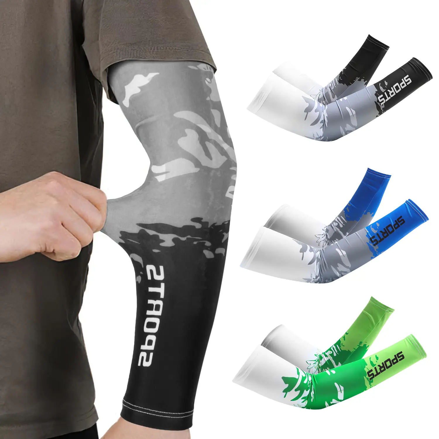 UPF 50+ Ice Silk Cooling Sun Protection Arm Sleeves, Gradient Camo Sports Arm Covers, Elastic Quick-Dry Moisture-Wicking, Unisex, Suitable for All Outdoor Activities