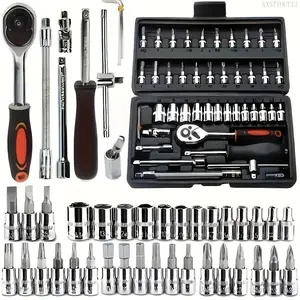 46pcs Professional Automotive Master Tool Kit - Premium Tool Sets For Car, Bike, And Motorcycle Maintenance - Compact, Portable, And All-In-One Solution With Ratchet Wrench, Assorted Screwdriver Set, Without BatteryXXSTYOUT12