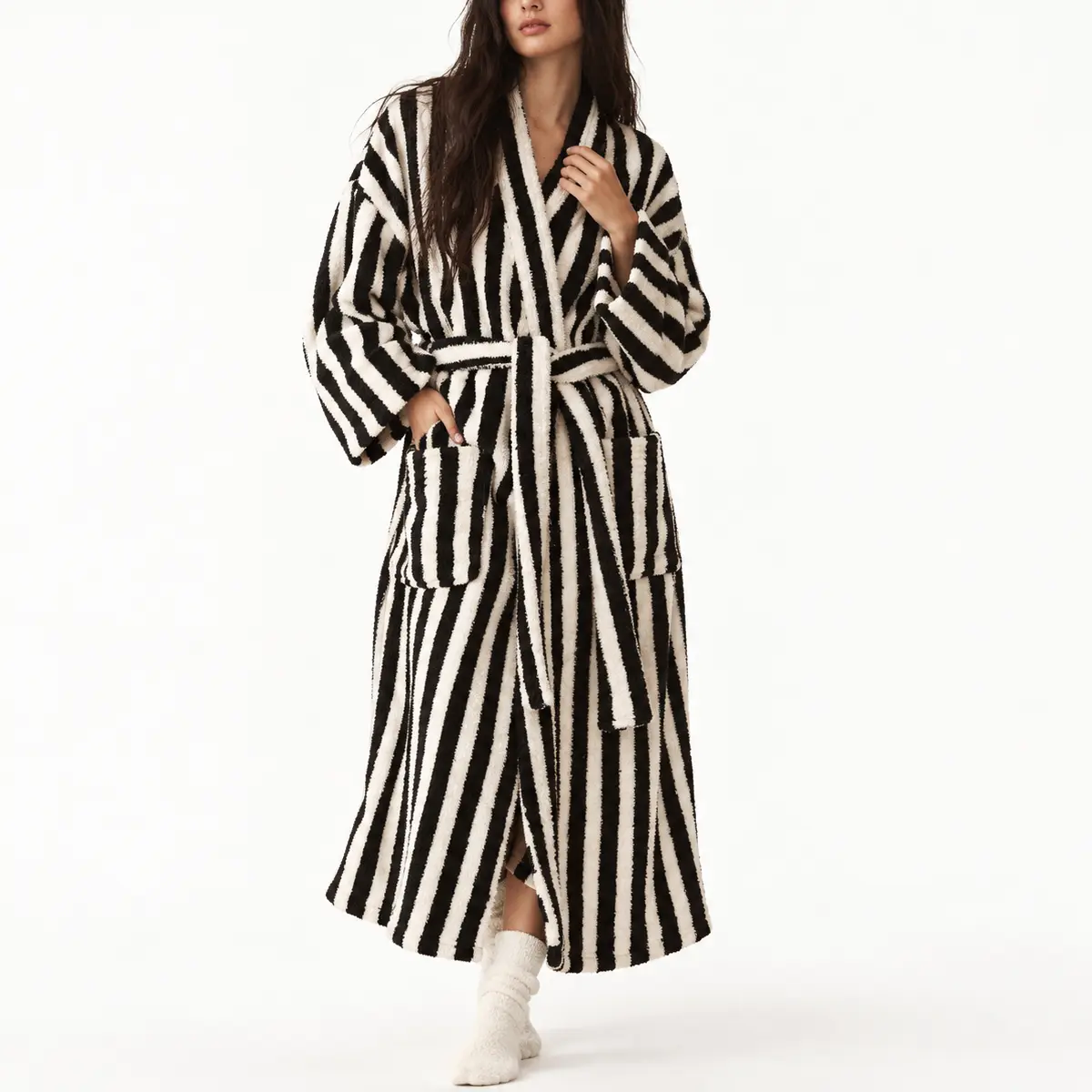 Yimoon Womens Striped Robe Fluffy Long Plush Bathrobes Fuzzy Warm Cozy Thick Oversized Loungewear Maxi Robe