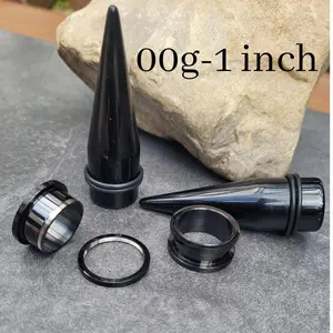 Pair Black Tapers and Black Steel Screw On Off Tunnels Ear Stretching Kit gauges 00g 7/16 1/2 9/16 5/8 3/4 7/8 1 inch double flare plugs