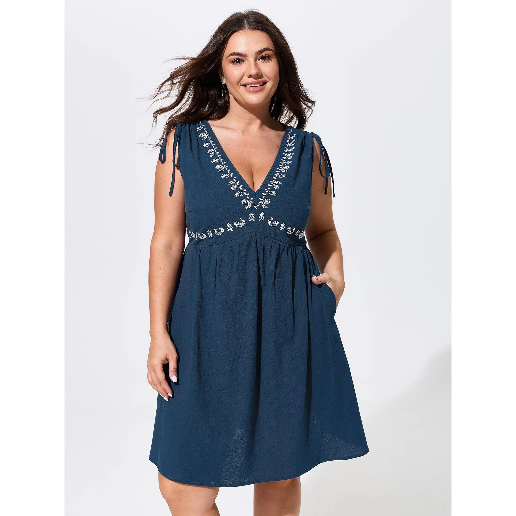BloomChic Tunic for Plus Size Women, Casual Boho Fit with Ethnic Floral Embroidery, Smocked Bodice and Side Pocket in Breathable Fabric, Plus Size Clothes, Mini Length, Dress, Cotton, Smooth, Garment, Low Iron, Sleeveless, Embroidered, Pull-On, Do Not Tum