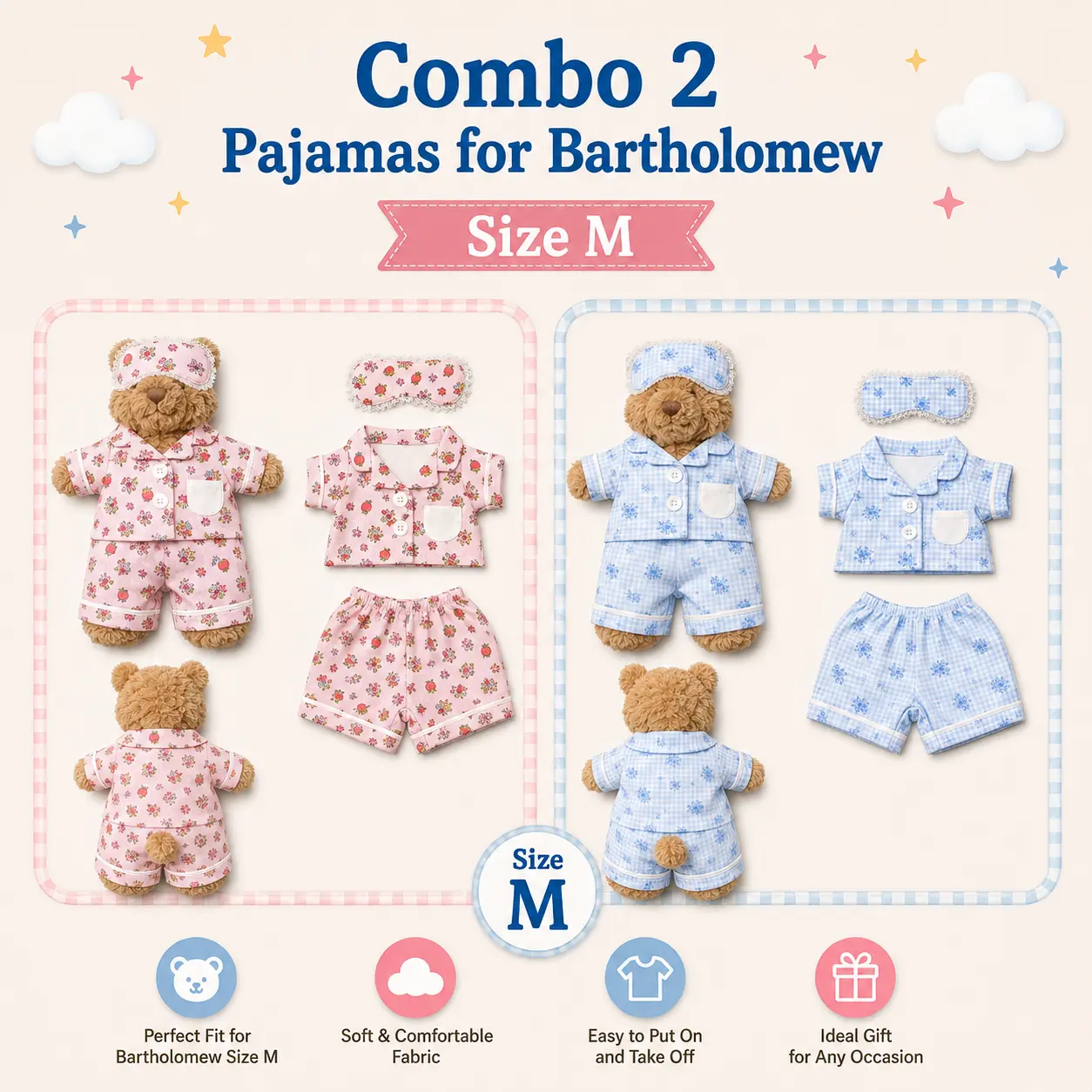 Jellycat Bartholomew Medium Size Bear Pajama & Sleep Mask Set (2 Packs) - Short Sleeves, Hypoallergenic, Handmade Gift for Child's Room (Bear Not Included)