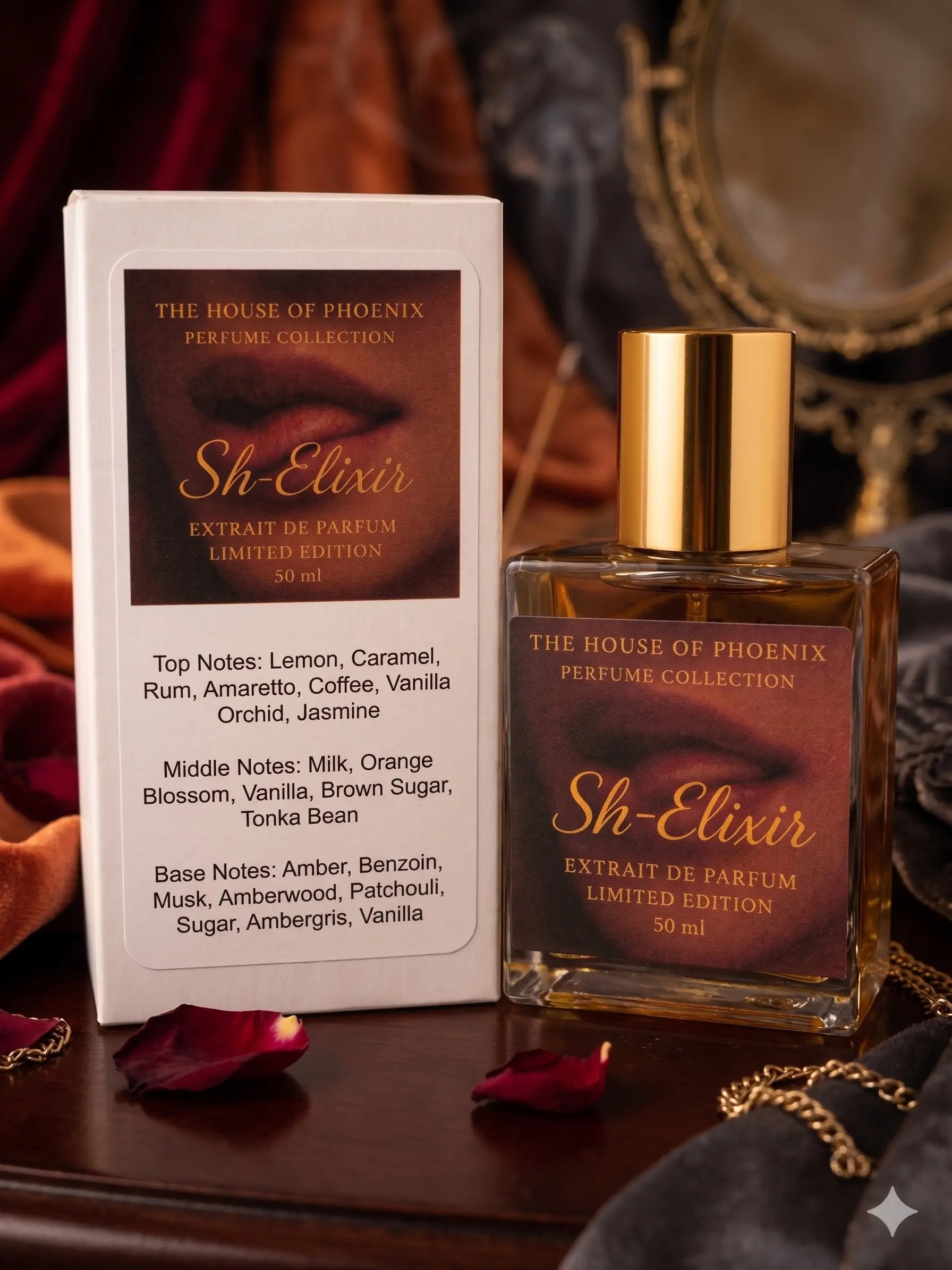 The House of Phoenix Sh-Elixir Limited Edition Extrait de Parfum - 50ml Unisex Luxury Single Item for Adults, Warm Vanilla Sugar, Amber, Floral Scents, Musk, Ambergris Edge, Brown Sugar Glow, Patchouli Depth, Rum-Caramel Aura