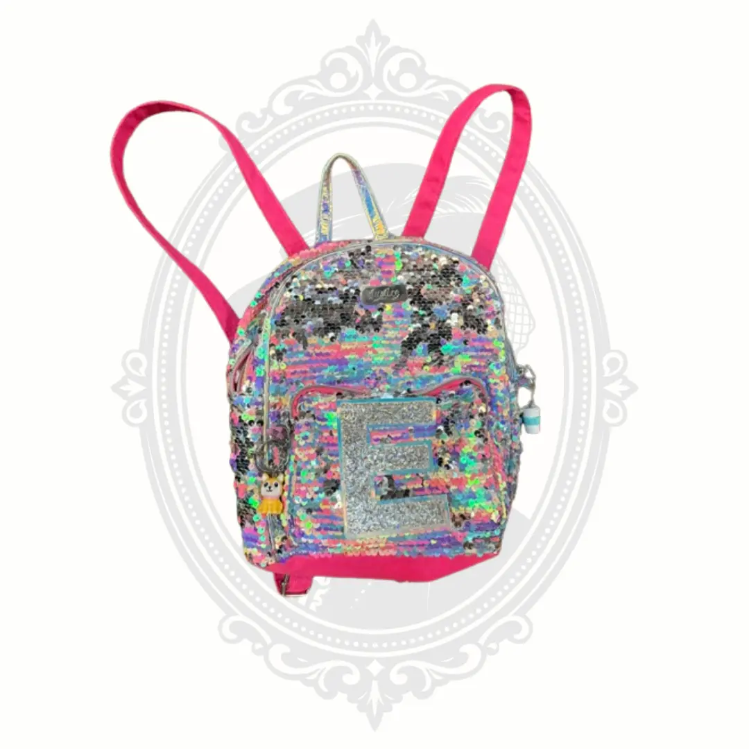 Justice Rainbow Reversible Sequin Mini Backpack with Glitter Letter E & BFF Charms