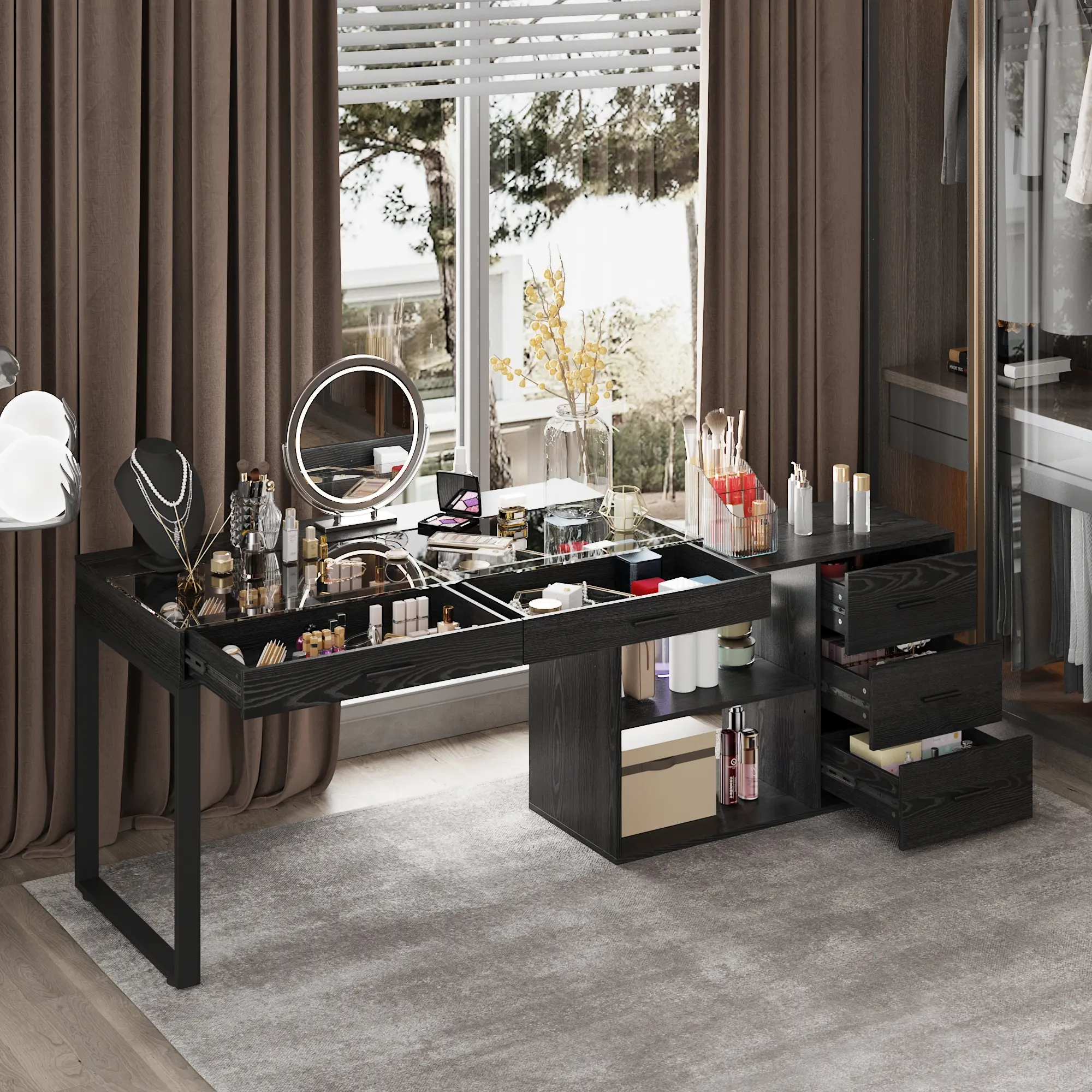 FUFU&GAGA Glass-Tabletop Makeup Vanity Desk with Mirror and Lights, Large Capacity 3 Drawers Flexible Dressing Table Modern Makeup Desk for Bedroom