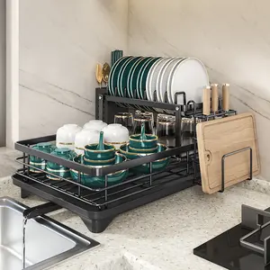 Kitchen storage wonder, double-layer large-capacity dish rack, capable of accommodating bowls, plates, and other tableware, comes with a complimentary knife and fork rack, 360° draining tray, and other practical tools