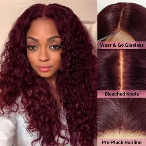 WOWANGEL 5X5 99j Burgundy HD Lace Closure Wigs Human Hair Glueless Wine Red Colored Water Wave Curly Glueless Wigs Pre Plucked 180% Density Real Human Hair Wigs for Women Beginner Friendly