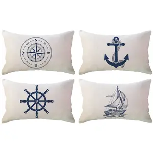 4pcs, Coastal Sailing Throw Pillow Covers - Nautical Ocean Theme Cushion Cases with Compass, Anchor, Sailboat & Navigation Patterns, Decor for Living Room, Bedroom, or Office, Single Sided Printing, No Pillow Core