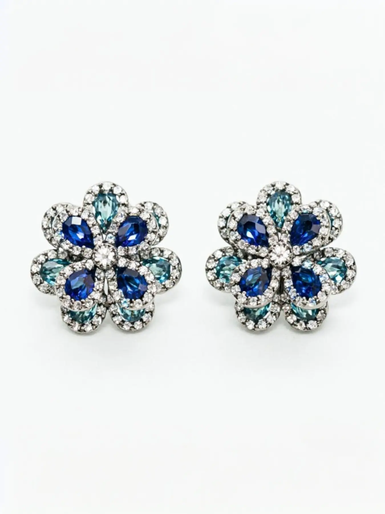 Vintage Blue Sapphire Flower Stud EarringsLuxury Crystal Statement Jewelry for Women