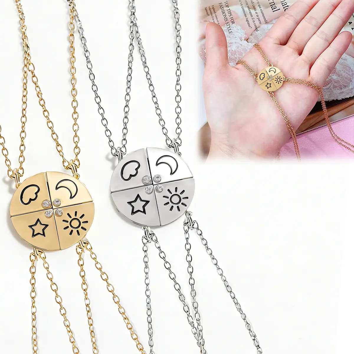 4-Piece Sun Moon Star Cloud Puzzle Magnetic Dainty Necklace Set, Gold-Silver Matching Best Friend Jewelry, Unique Puzzle Pieces Design, Ideal Birthday Friendship Gift