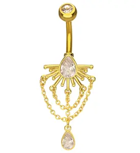 Gold PVD Sunrays Teardrop Clear CZ Dangle Chain Stainless Steel Belly Button Ring