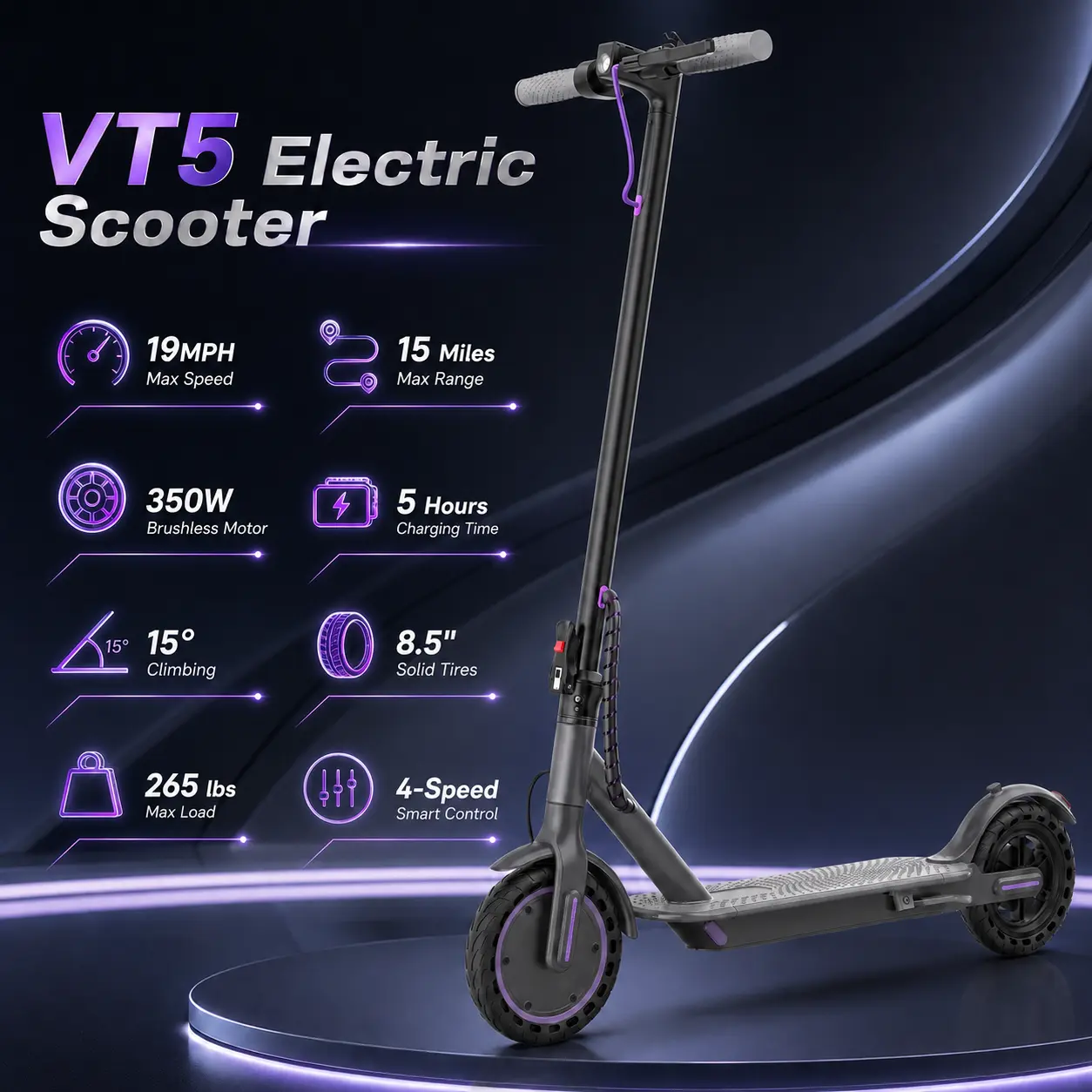 Unisex Modern Compact Electric Scooter, Portable Foldable Sports & Outdoor Fitness Equipment with 350W Motor, 19 mph Top Speed, 8.5-in Solid Airless Tires, Dual Brakes, Smart App Connectivity (Yes, No Options Available)