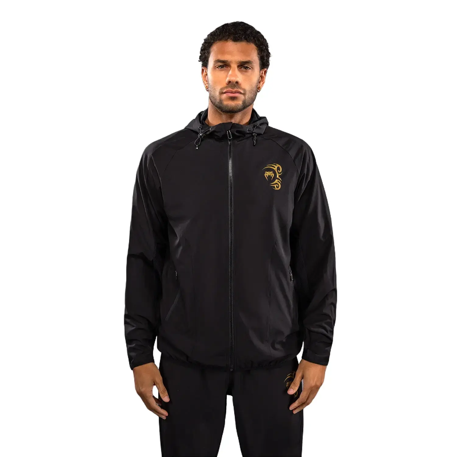 Venum Track Jacket Mike Tyson Tiger Full-Zip Hooded, Lightweight Performance Boxing Training Wear with Long Sleeves & Zippered Pockets, Adjustable Drawstring, Elasticated Cuffs & Back Graphic Print - Black/Gold