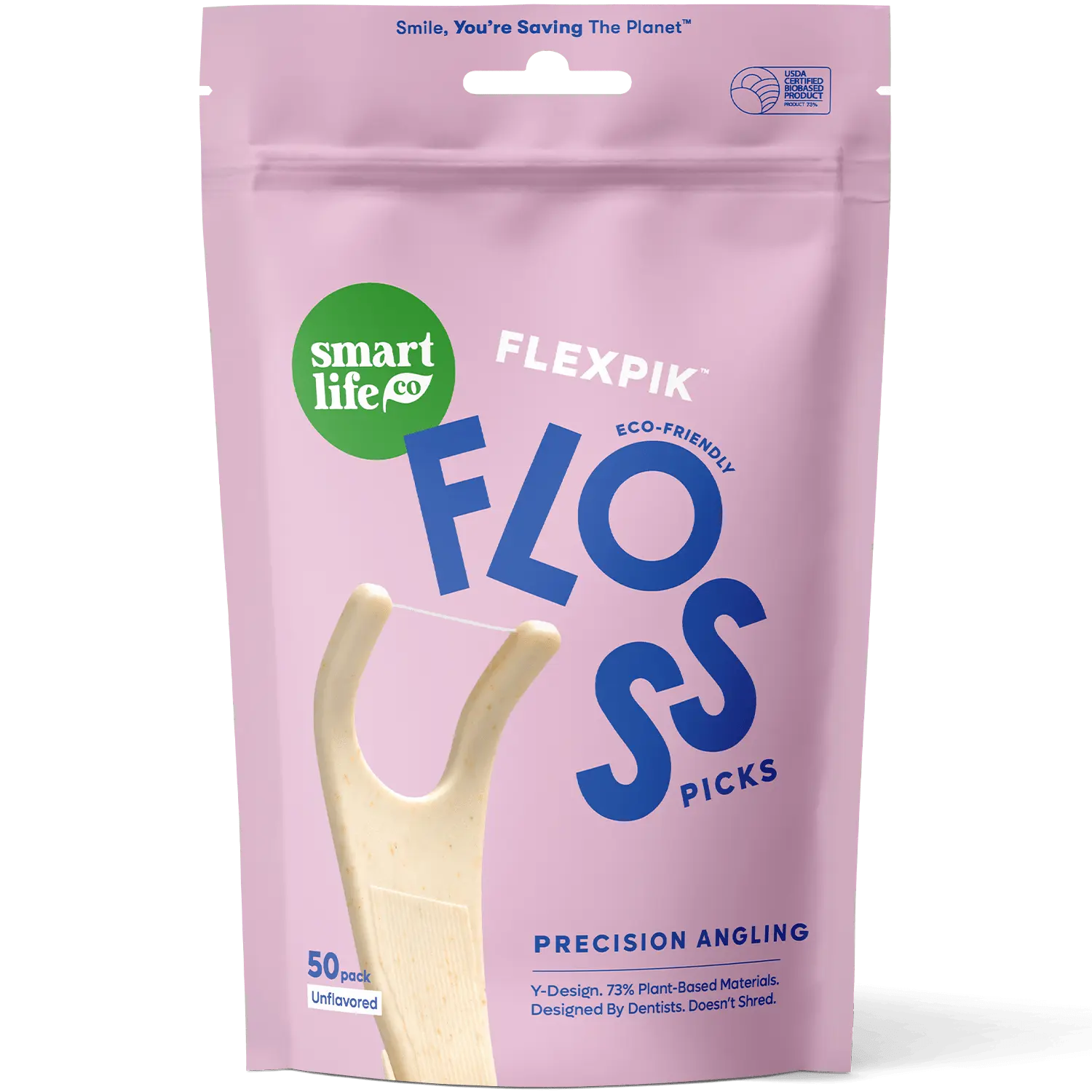 Eco-Friendly Floss Picks – Angled Head, Anti-Shred Dental Flossers For Adults & Kids, Sustainable, Toothpick End, Vegan & PFA Free, Unflavored 50pk