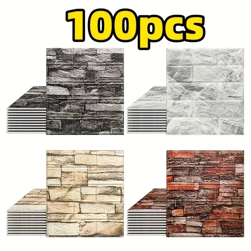 Set of 100 Self-Adhesive Decorative 3D Foam Wall Tiles, Waterproof and Moisture-Resistant, Easy to Stick Clean and Cut, Ideal for Living Room, Kitchen and Home Decor