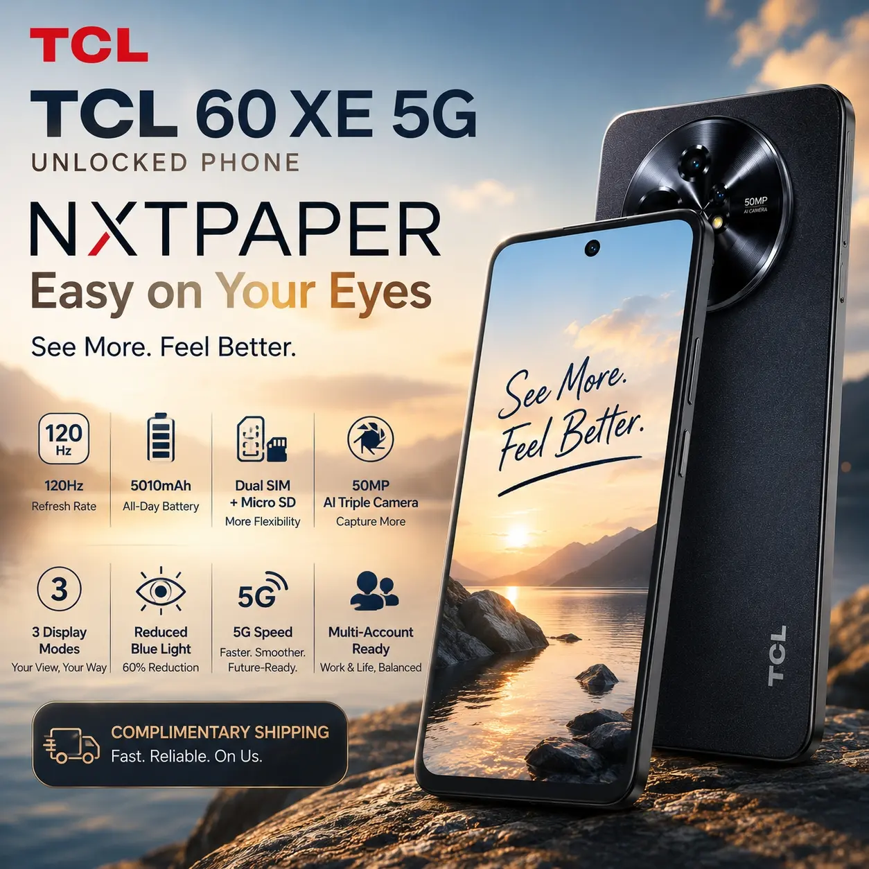TCL 60 XE NXTPAPER 5G Cell Phone, AT&T, T-Mobile & Verizon Unlocked Android Smartphone, 8GB+128GB/8GB+256GB, 6.8" 120Hz Paper-Like Display, AI Features, 5010mAh Battery, Advanced Camera System, fathersdaygift