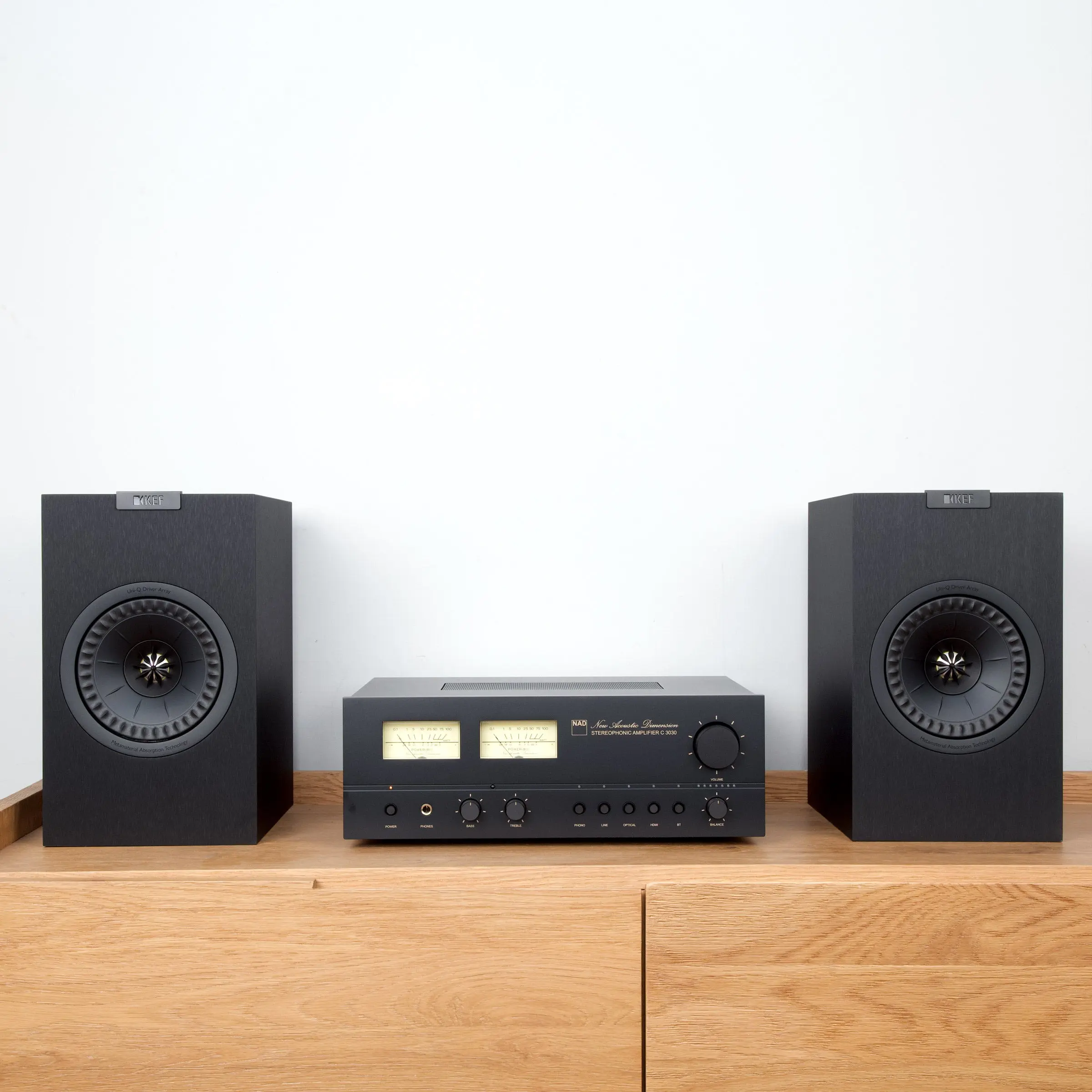 NAD C 3030 Passive Amplifier + KEF Q1 Meta Uni-Q Driver Speakers Elac Analog/Digital Package Set, Retro Audio System with Bluetooth, Vinyl Playback Capabilities