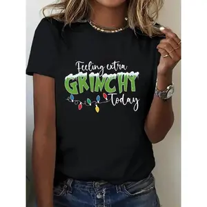 [ Cotton] Women'S Plus Size Graphic T-Shirt - . Seuss Inspired Christmas Design With "Feeling Grinchy Today" & Heart Print, Comfortable Medium Stretch Crew Neck Short Sleeve Casual Top,  Relaxed Fit For Casual Attir Golf Gift T-Shirt For Men And Women