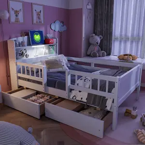 Wood Twin Size Platform Bed with Built-in LED Light, Multi-functional Headboard, Guardrail and 2 Drawers, White