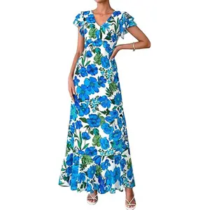 PRETTYGARDEN Floral Dress for Women Summer Boho Ruffle Flowy Cocktail Beach Spring Wedding Guest Maxi Long Dresses