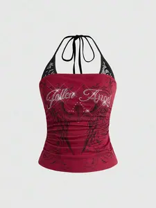 [CONVERTIBLE] J-Fashion Spring/Summer Y2K Punk Wing Print 2 In 1 Contrast Lace Halter Neck Top, Concert