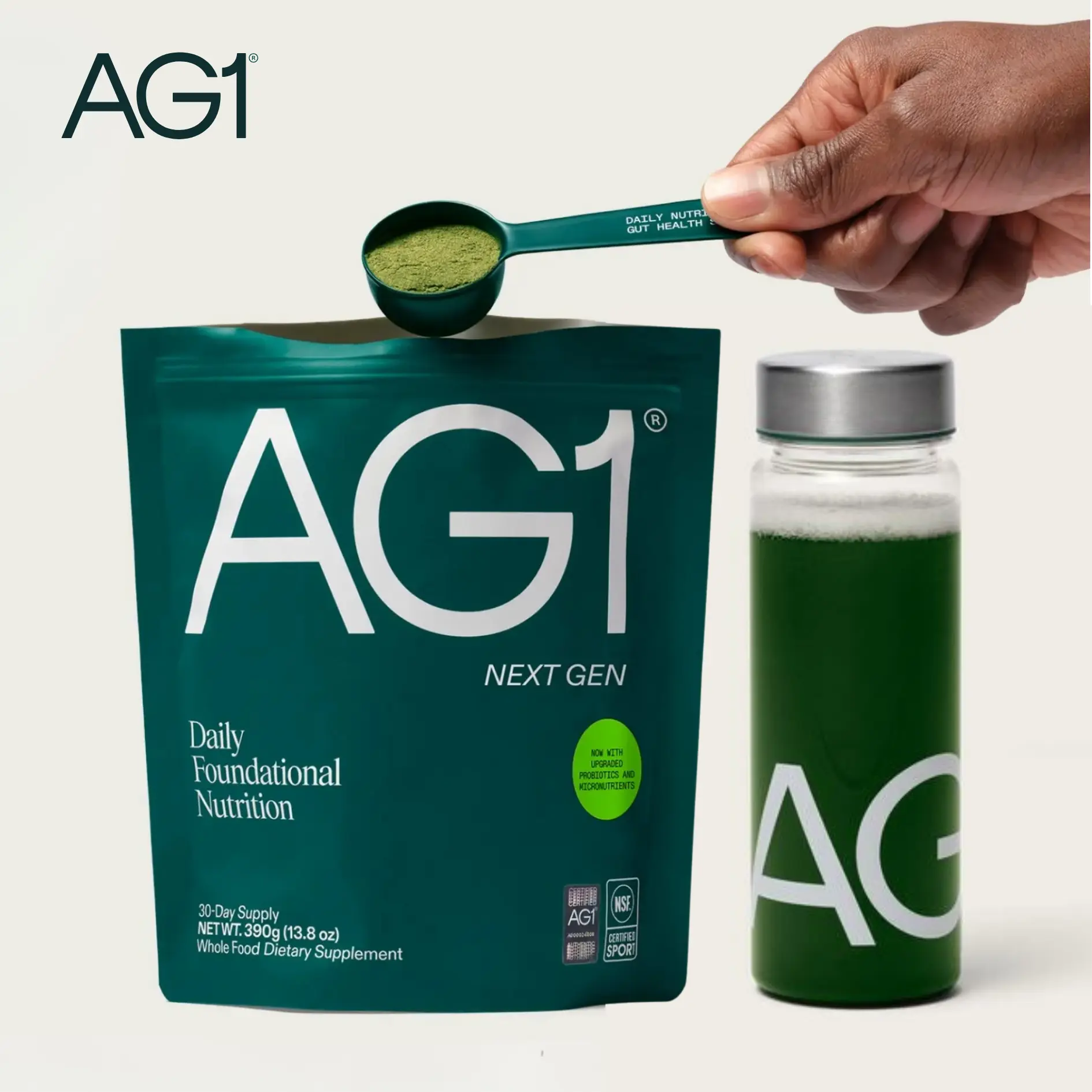 AG1 Next Gen Greens Powder Advanced Nutrition Bundle with Shaker & Scoop | Includes Superfoods and Digestive Enzymes, Adaptogens, and Whole Food Nutrients Spirulina, Chlorella, Enzymes, Gluten Free