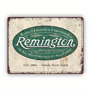 2D Flat, Remington Vintage Metal Wall Sign - 8x12 Inch Rustic Western Brand Logo Art, Weather-Resistant Tin Painting for /Outdoor Office,, Cabin & Ranch Decor - Durable Remington Themed Decoration, 2D Flat
