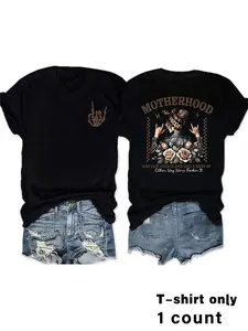 Women's Floral Rose Lightning Print T-Shirt, Streetwear, Casual Short Sleeve Round Neck Top, Medium Stretch Comfort Fit