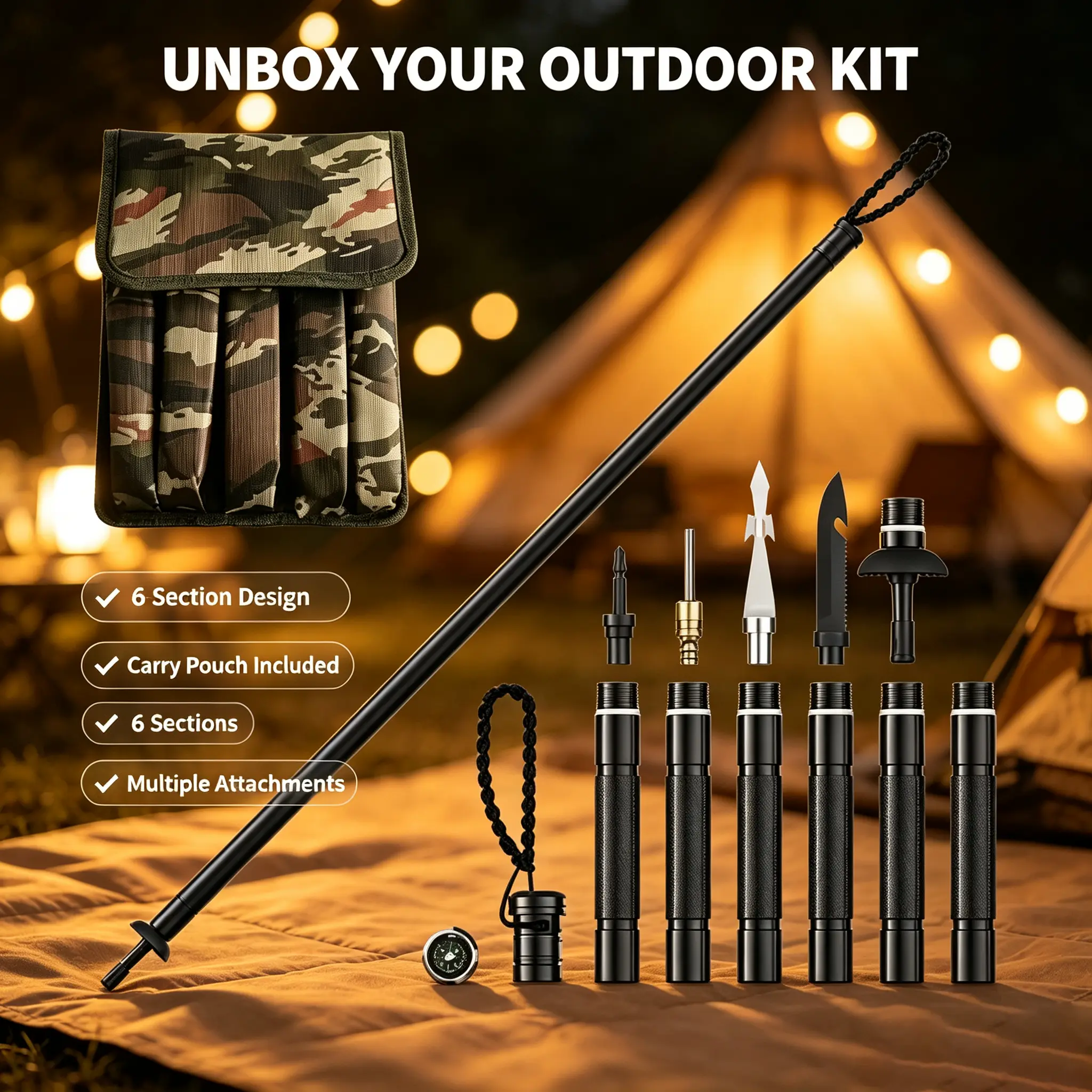 6-in-1 Staff with Multi-Tool | Aerospace-Grade Aluminum, Fire Starter, Whistle, Compass, Non-Slip Grip and Waist Bag, Fits 4'9"-6'4" for Camping and Hiking