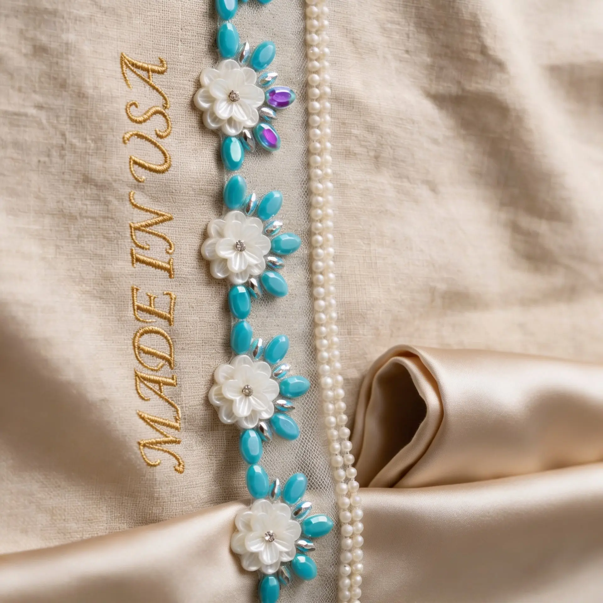 Turquoise Floral Beaded Trim – Pearl Flower Rhinestone Applique – Self Adhesive or Sew-On Seam Allowance – DIY Craft Embellishment