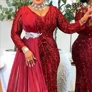 Luxury Turkey Gown Dresses 44/48 Red Sequin V-Neck Long Sleeve Evening Gowns