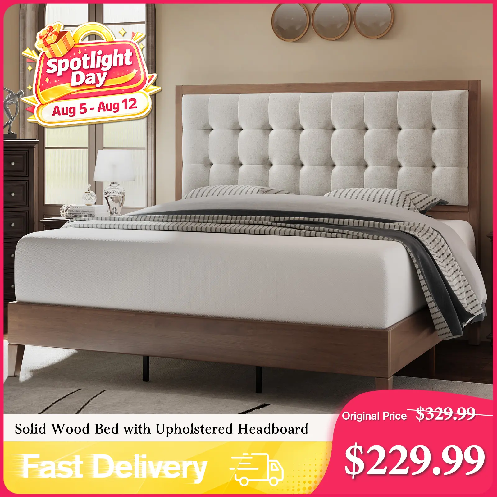 AMERLIFE Solid Wood Platform Bed Frame with Upholstered Tufted Headboard/Solid Wood Foundation, Pull-spot Tufted Handcraft, No Box Spring Needed, Bedroom Furniture/Best Gift Ideas/Christmas Gifts[tiktokshopbacktoschool][SohoChic]
