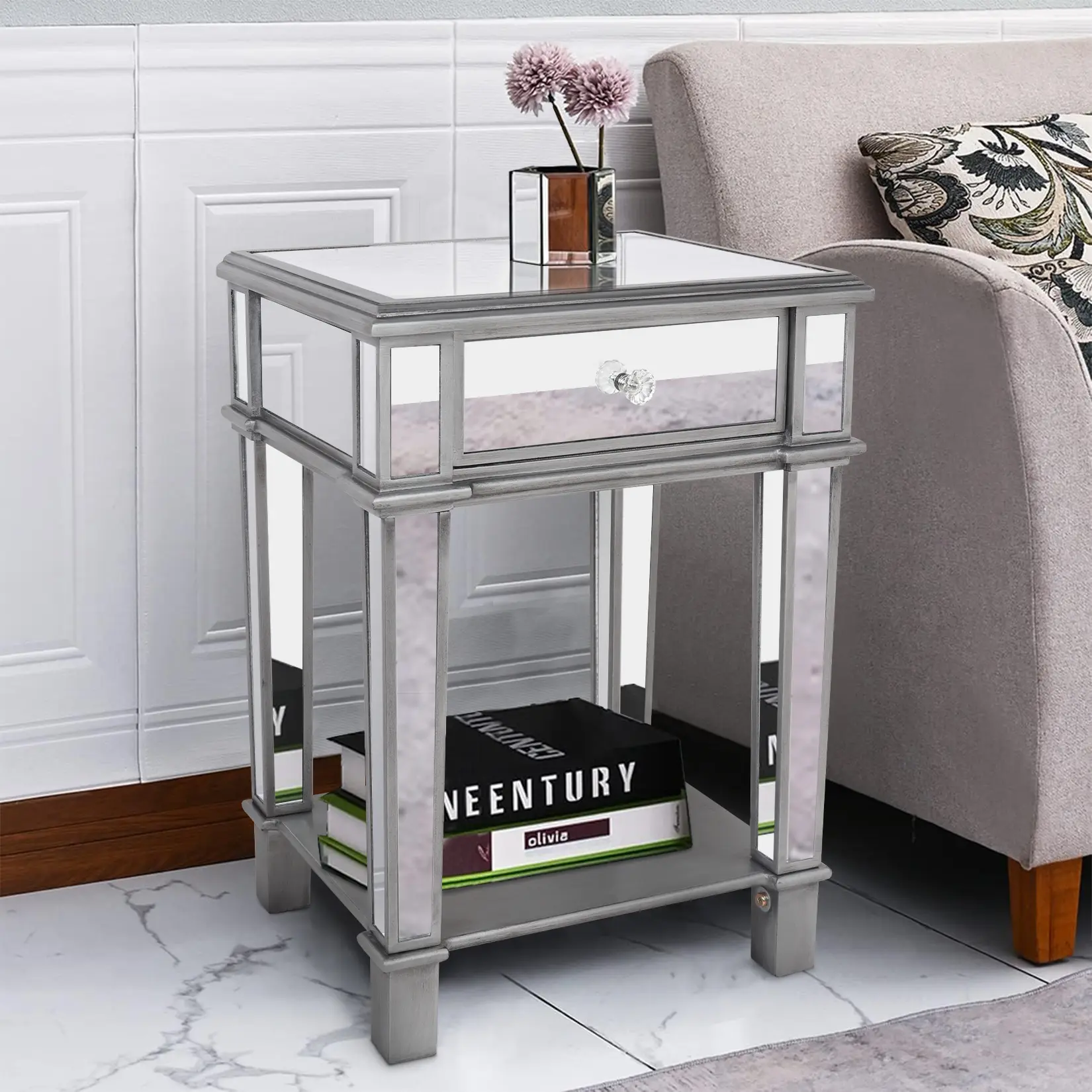 Modern Bedside Table - Venetian Silver Mirrored Rectangle Nightstand with Open Shelf, 70% MDF Board & Mirror+MDF Build, Indoor Furniture for Bedroom