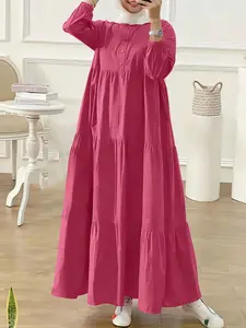 Women's Solid Button Front Ruffle Hem Arabian Dress Casual Bishop Sleeve Tiered Layer Long Dress for Daily Wear, Women's Islamic Clothing Hijabi Cute Dresses for Fall & Winter